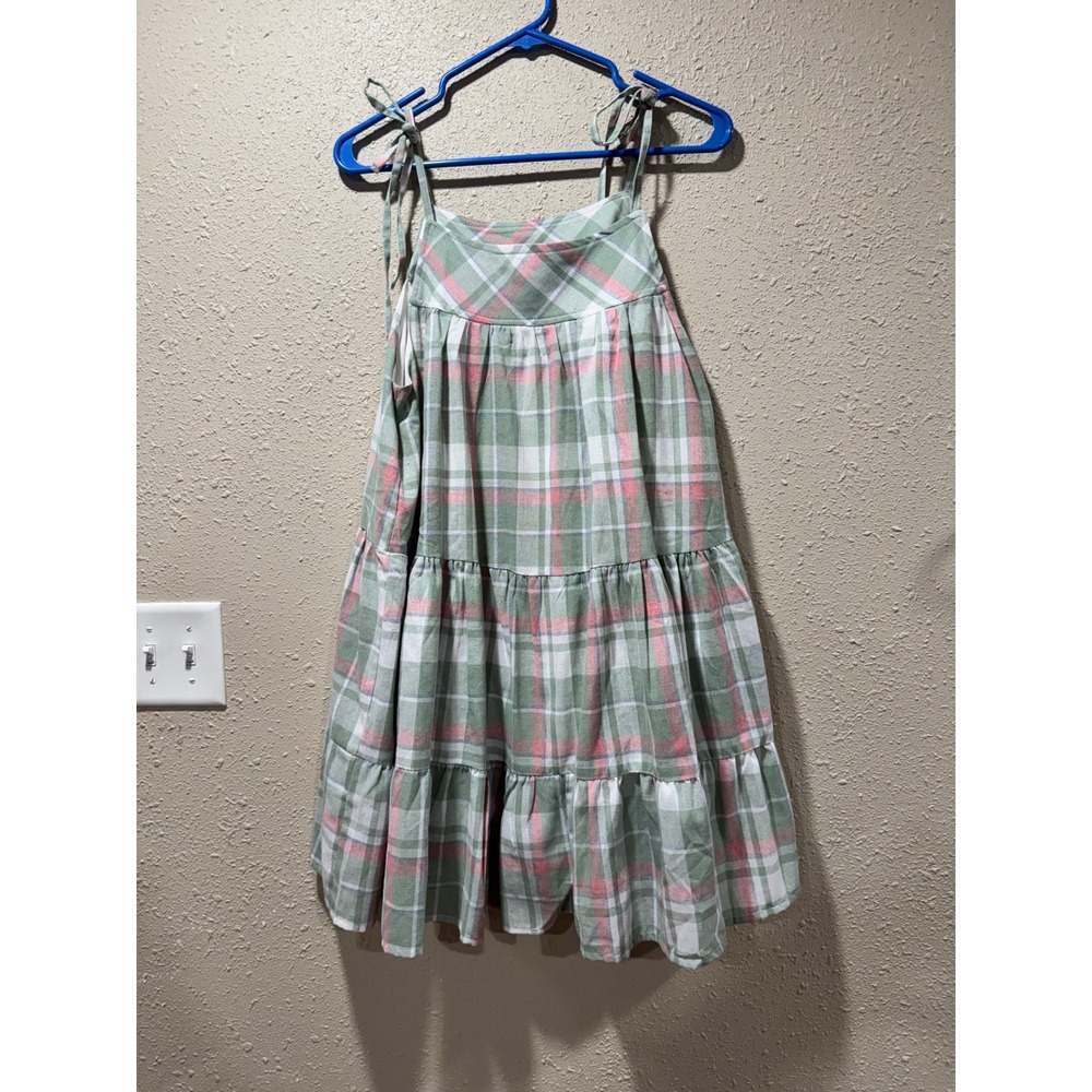 Entro Womens Plaid Tiered Babydoll Mini Dress Sage Green Pink Tie Strap Size‎ M